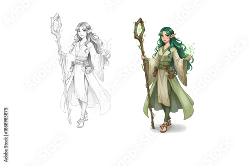 elegant female elf druid mage character design with magic staff for fantasy world building projects.