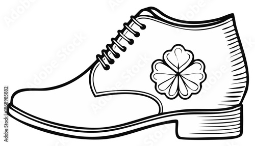 St Patricks Day Irish dress shoe with a lucky four leaf clover line art illustration