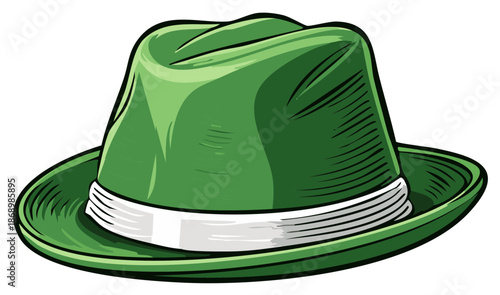 Cartoon-style green fedora hat illustration with a white band, stylish headwear design.