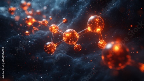 Glowing molecule structure floating in a dark, cloudy, particle-filled space