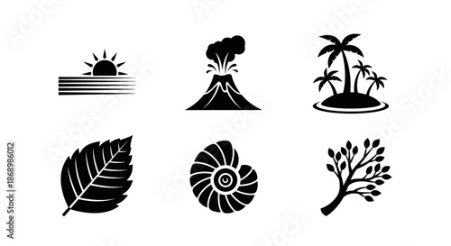 Volcanic Eruption, Sunset, Tropical Island, Illustration, Nature, Scenic View