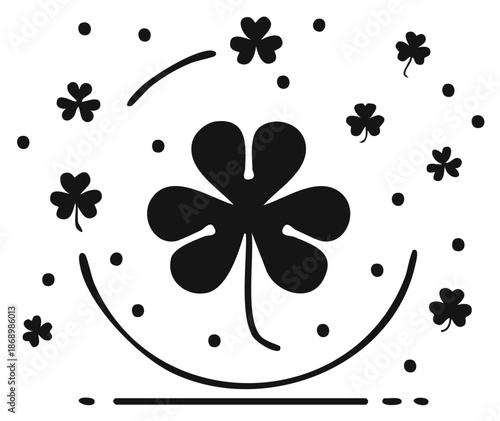 Black clover symbols and dots scattered on white background graphic illustration