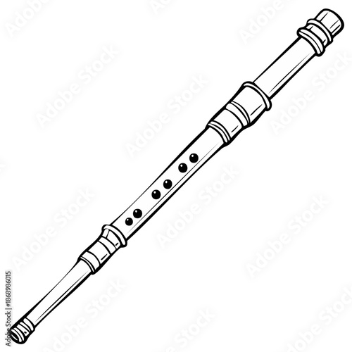 Traditional transverse flute woodwind musical instrument black and white line art