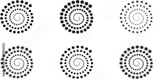 Set of Abstract Black Geometric Spiral Patterns with Hexagons Circles Stars and Sunburst Designs on White Background