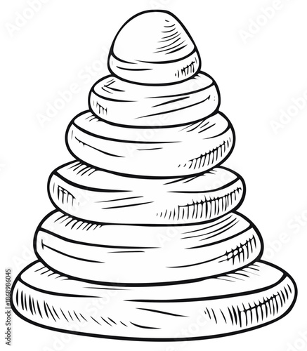 Black and white line art of a traditional kids stacking ring pyramid toy