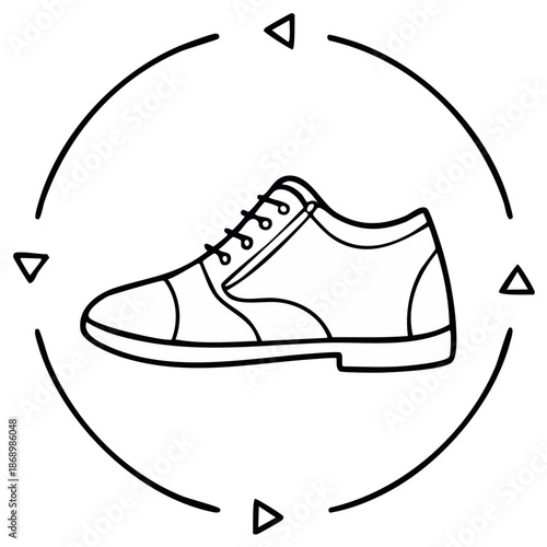 Black and white illustration of men's shoe with direction elements
