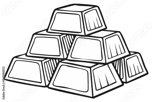 Gold Bar Stack - Outlined Drawing of Bullion, Valuable Asset Illustration, Stacked Bars