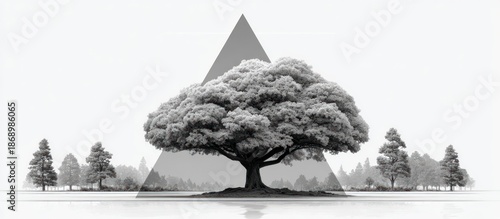 Majestic Tree in a Monochromatic Landscape with Geometric Shape Overlay