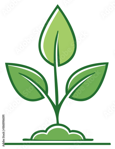 Stylized sapling with green leaves emerging from a soil mound in simplified graphic art design