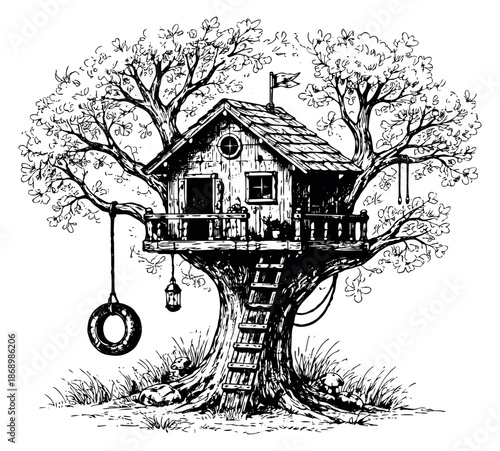 Hand drawn line art illustration of a treehouse depicting an outdoor playhouse with a tire swing for nature themed designs