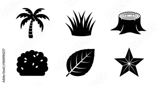 Palm, Grass, Leaf, Star, and Stump - Black Illustrations