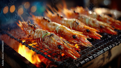 Grilled shrimp cooking over open flame on a barbecue grill.