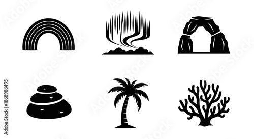 Rainbow, Coral, Palm Tree, Rock Formation, Landscape Art