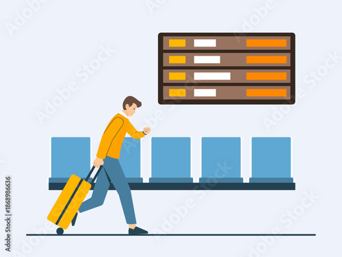 Man traveler in an airport terminal, likely in a hurry to catch a flight. Commuter illustration. Flat vector concept.