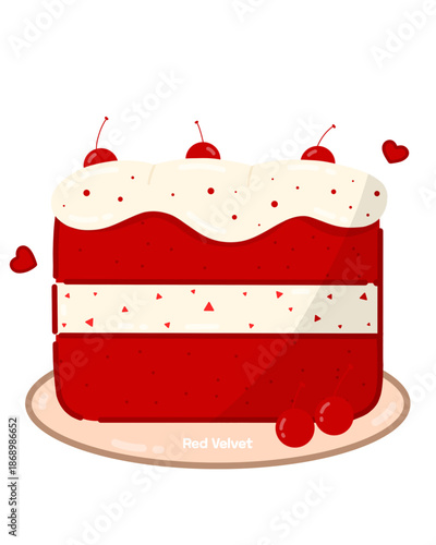 A slice of red velvet cake with cherry topping and whip cream on top, made with love for celebrating Valentine's Day