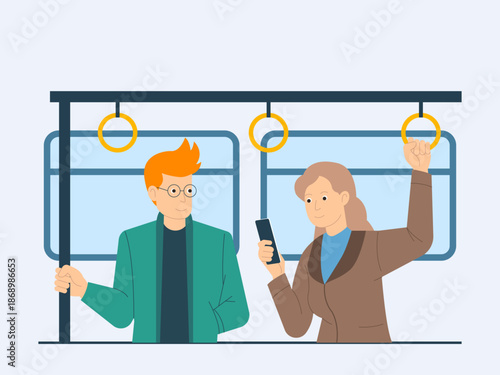 Man and woman commuter in metro train. Commuter illustration. Flat vector concept.