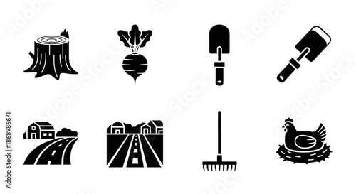 Farming Action, Tools and Crops, Rural Field, Vector Graphics, Nature View