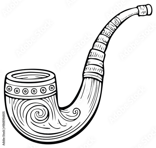Black and White Hand Drawn Illustration of a Vintage Ornate Smoking Pipe