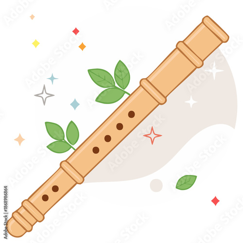 Cartoon Wooden Flute Illustration Decorated with Green Leaves and Festive Stars