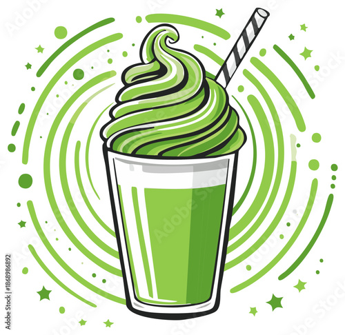 Vibrant green smoothie swirl in a clear glass with a striped straw, surrounded by energetic circles and stars