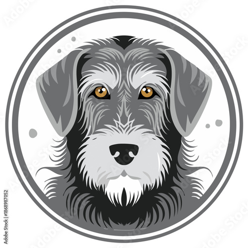 Artistic Portrait of a Shaggy Dog Face in a Circular Emblem