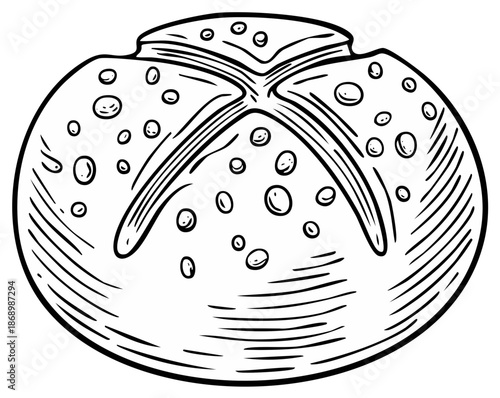 Round bread roll with cross cut on top and visible air bubbles in sketch style