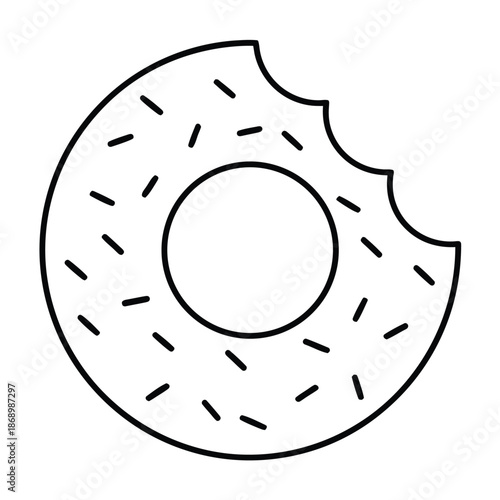 Simple black and white outline icon of a delicious frosted donut with a bite taken out of it