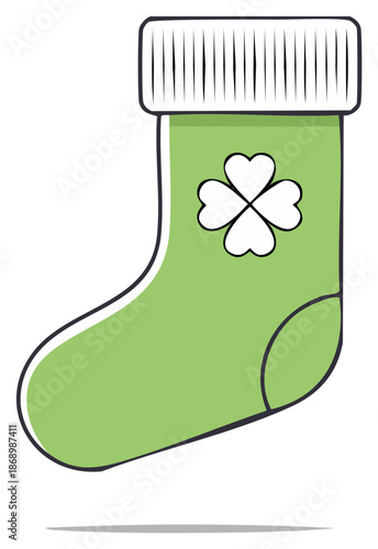 Green sock with four leaf clover illustration for St Patricks Day celebration lucky charm symbol
