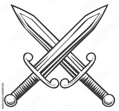 Two crossed swords representing valor, combat or strength, design emblem symbol for bravery and victory in historic wars.