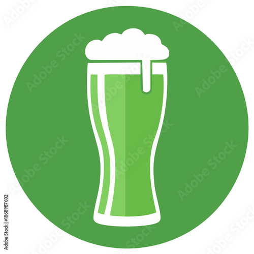 Flat design vector icon of a tall glass of green beer with a foamy head for Saint Patrick's Day