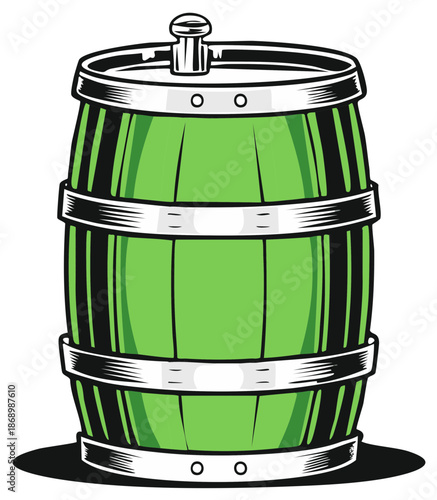 Cartoon style illustration of a green wooden barrel