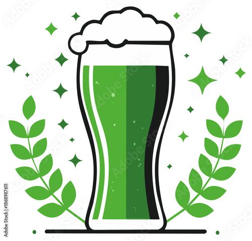 Green beer in a tall glass with foam and laurel leaves for a festive celebration
