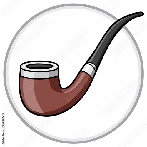 Traditional brown tobacco pipe illustration with black stem and silver accents in a circle