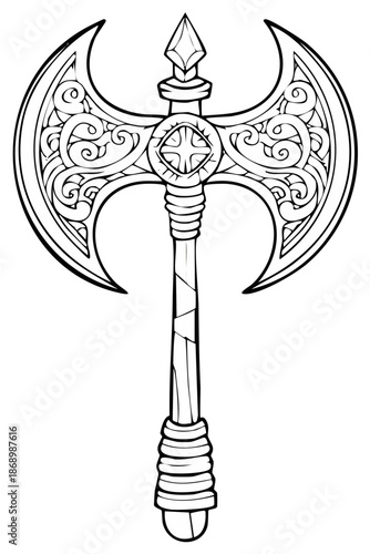 Fantasy medieval double-bladed axe with ornate medieval scrollwork and pointed finial