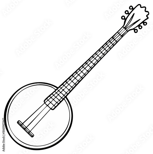 Simple line art illustration of a classic banjo folk musical instrument with a round body and tuning pegs