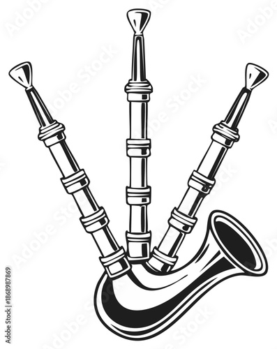 Black and white illustration of bagpipes a traditional wind musical instrument