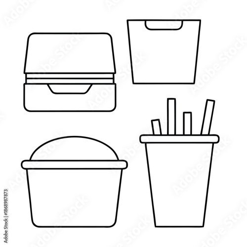 Outline icons representing various fast food containers including a burger box a drink cup and side dishes