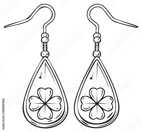 Delicate Dangle Earrings with Four-Leaf Clover Charms, Artistic Outline Design