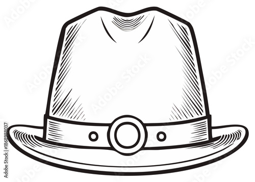 Classic engraving style fedora hat black and white line art drawing. Retro headwear sketch.
