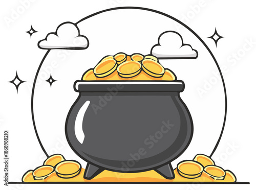 Pot of Golden Coins with Clouds and Stars Illustration, Fortune, Wealth, Abundance, Lucky