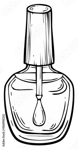 Outline illustration of a clear nail polish bottle with the brush dipped inside cosmetic liquid