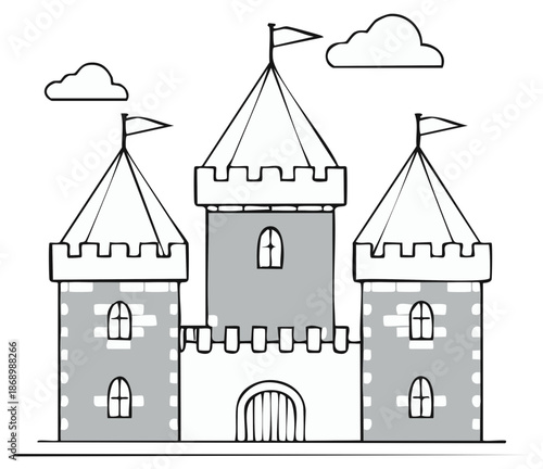 Enchanting fairytale castle drawing with turrets, flags, and battlements, fantasy kingdom illustration