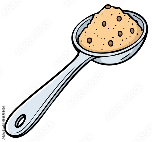 Spoonful of granular material with small dark inclusions isolated on white