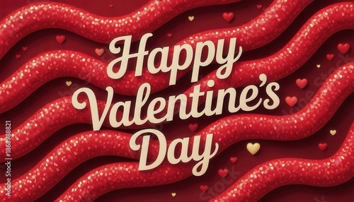 Happy Valentine's Day: A romantic expression for the celebration of love. The visual, featuring vibrant red tones, conveys the warmth and affection associated with the holiday.
