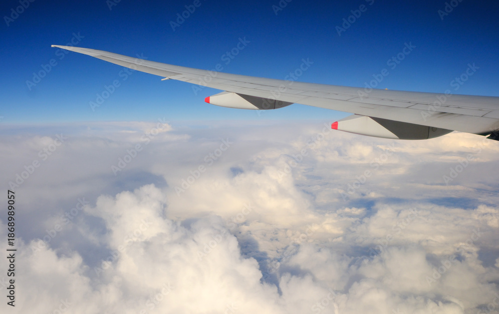Obraz premium Airbus A350 900 wing and clouds during cruise