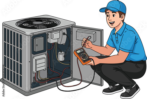 Cartoon HVAC technician in blue uniform using a multimeter to repair an air conditioning unit, maintenance and home service concept.