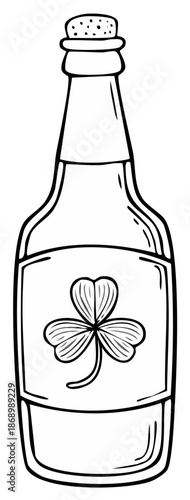 St. Patrick's Day Bottle with Clover Shamrock Outline Black and White, Isolated
