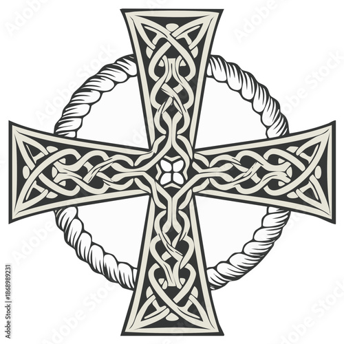 Classic Celtic cross featuring complex interlaced knot patterns and a textured rope-like circular border