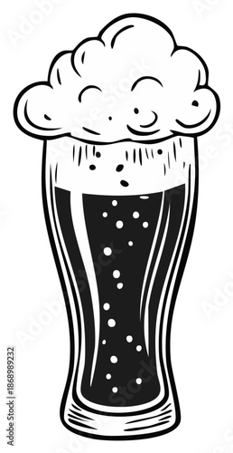 Black and white cartoon beer glass illustration with frothy foam and effervescent bubbles