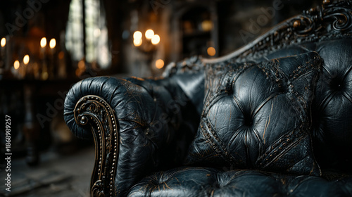 Close-up of a vintage black leather tufted armchair in a dimly lit room.